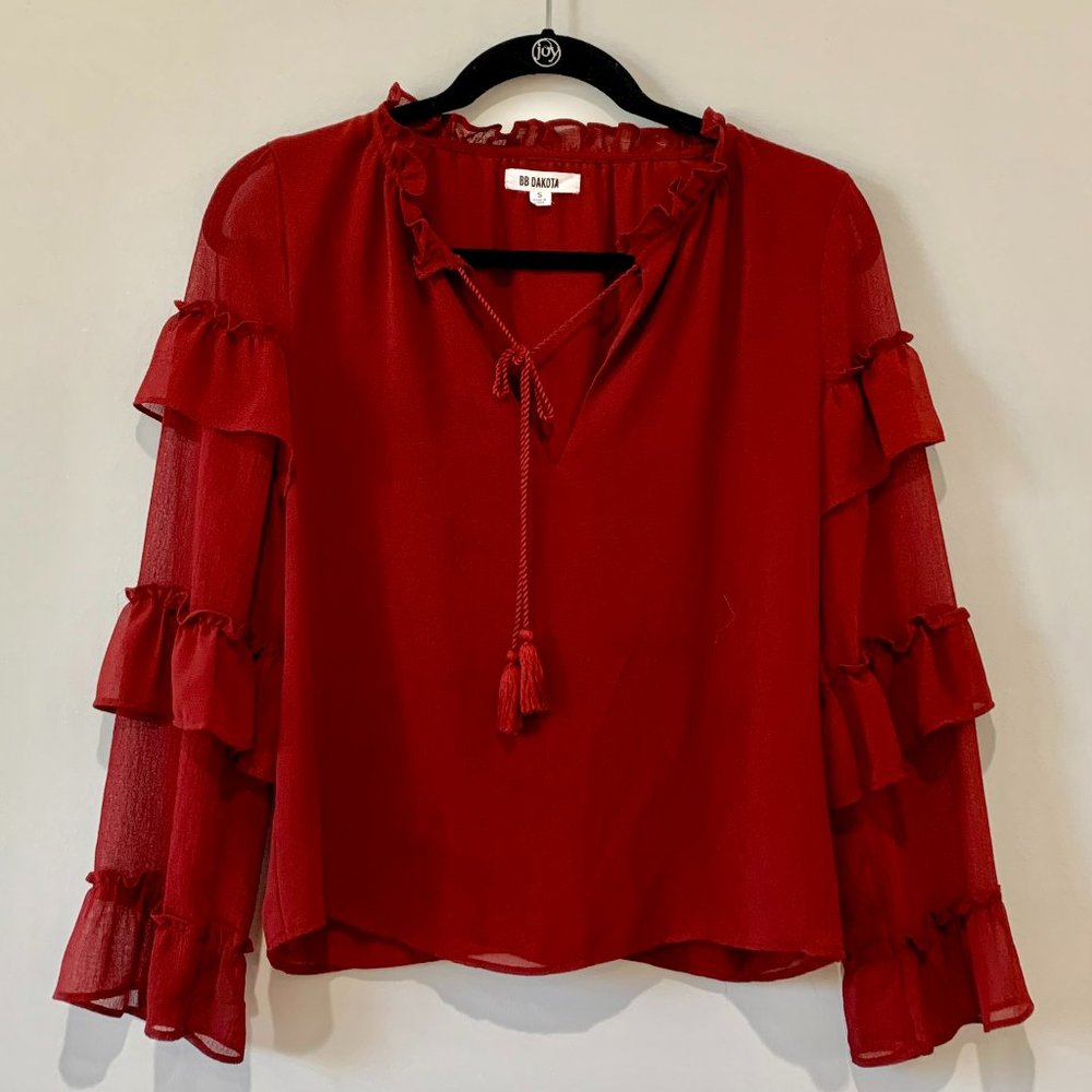 BB Dakota Red Ruffle Sleeve Front Tie Neck Blouse